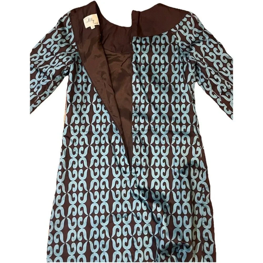 Milly of New York Silk Beaded Collar Shift Mod Dress Size 2 Turquoise Brown - Picture 4 of 7